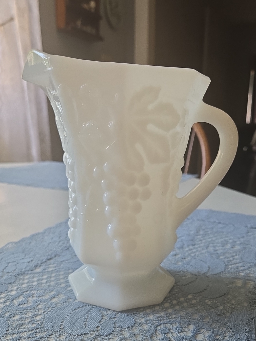 Anchor Hocking White Milk Glass Grape Pattern Pitcher
